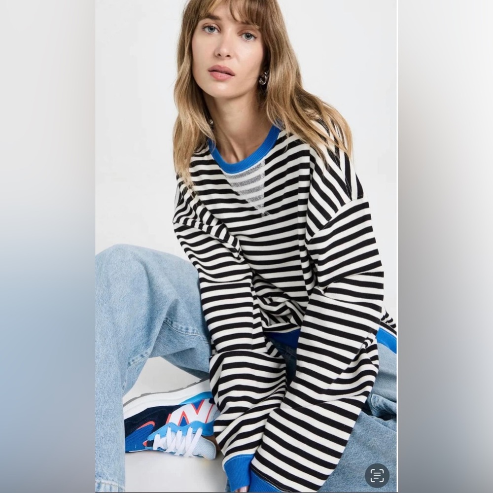 Free People Black and White Striped Crewneck Sweatshirt with Blue Trim